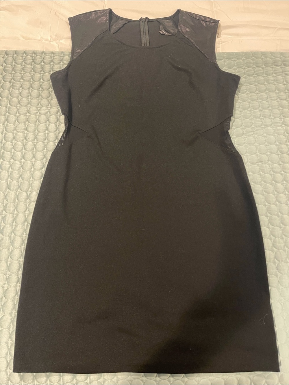 Guess Black Sleeveless Sheath Dress Sheer Waist Panels Faux Leather Shoulders XL